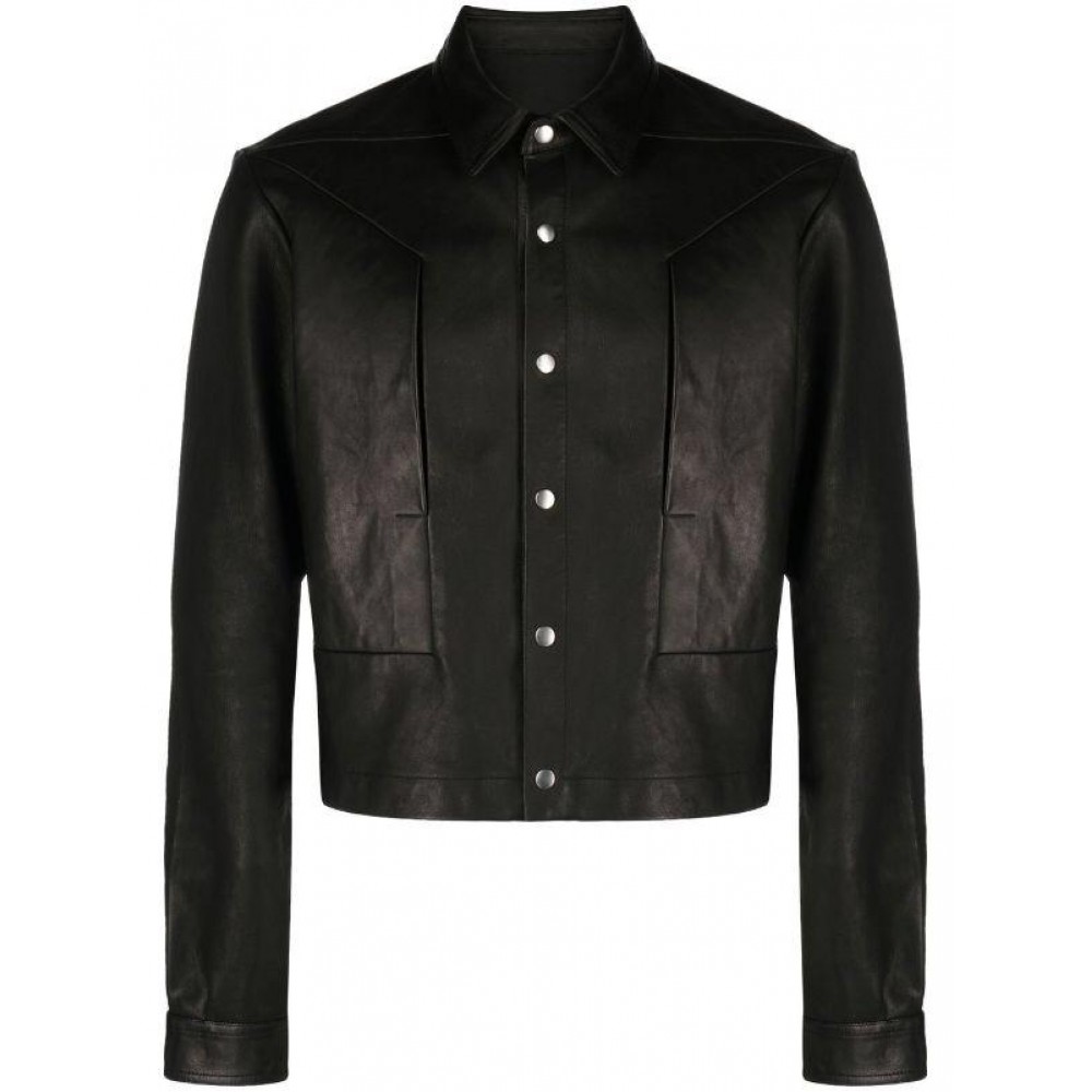 Front press-stud fastening leather jacket